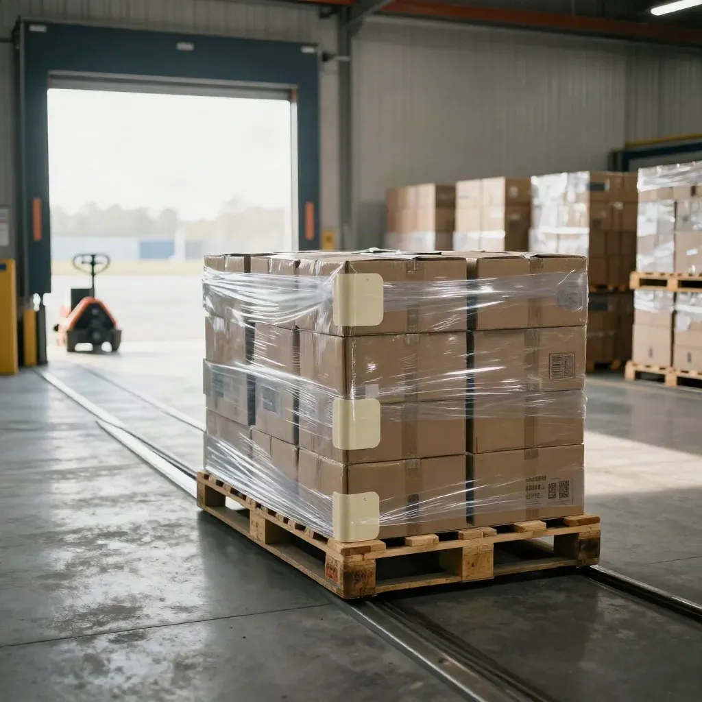Wholesale warehouse pallet lane with shrink-wrapped cartons at a bright loading dock