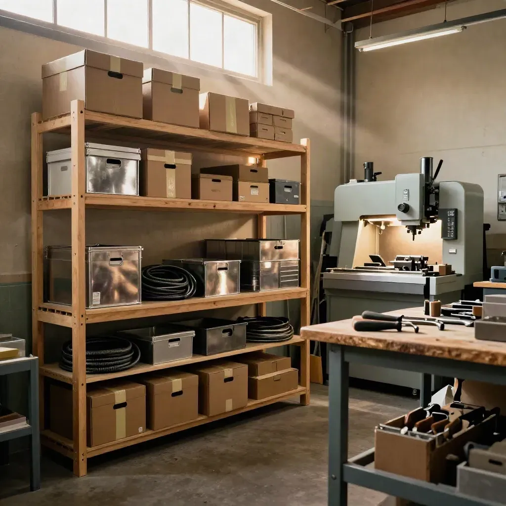 Workshop shelves and sealed crates in warm afternoon light