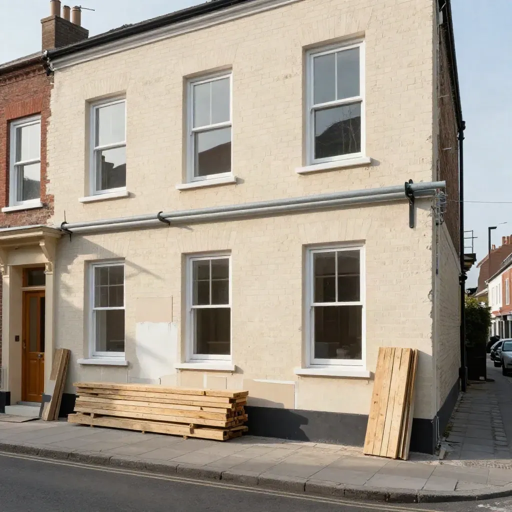 Townhouse refurbishment with scaffolding, fresh windows and stacked boards on a quiet street.