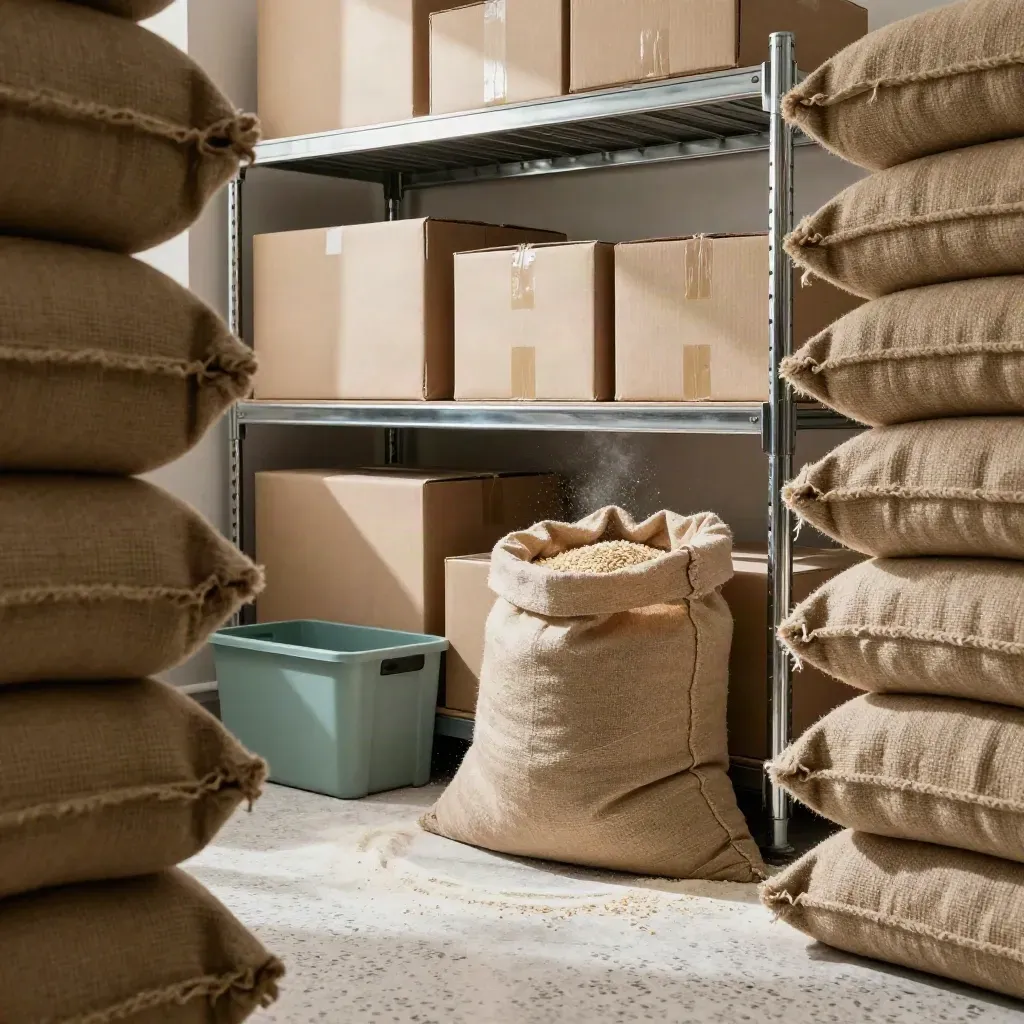 Restocked stockroom with ingredient sacks, sealed crates and flour-dusted shelves in warm side light.
