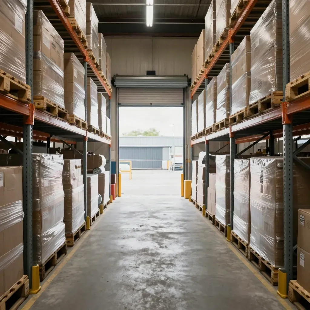 Empty warehouse aisle with replenished stock, outbound pallets, and daylight at the dock.