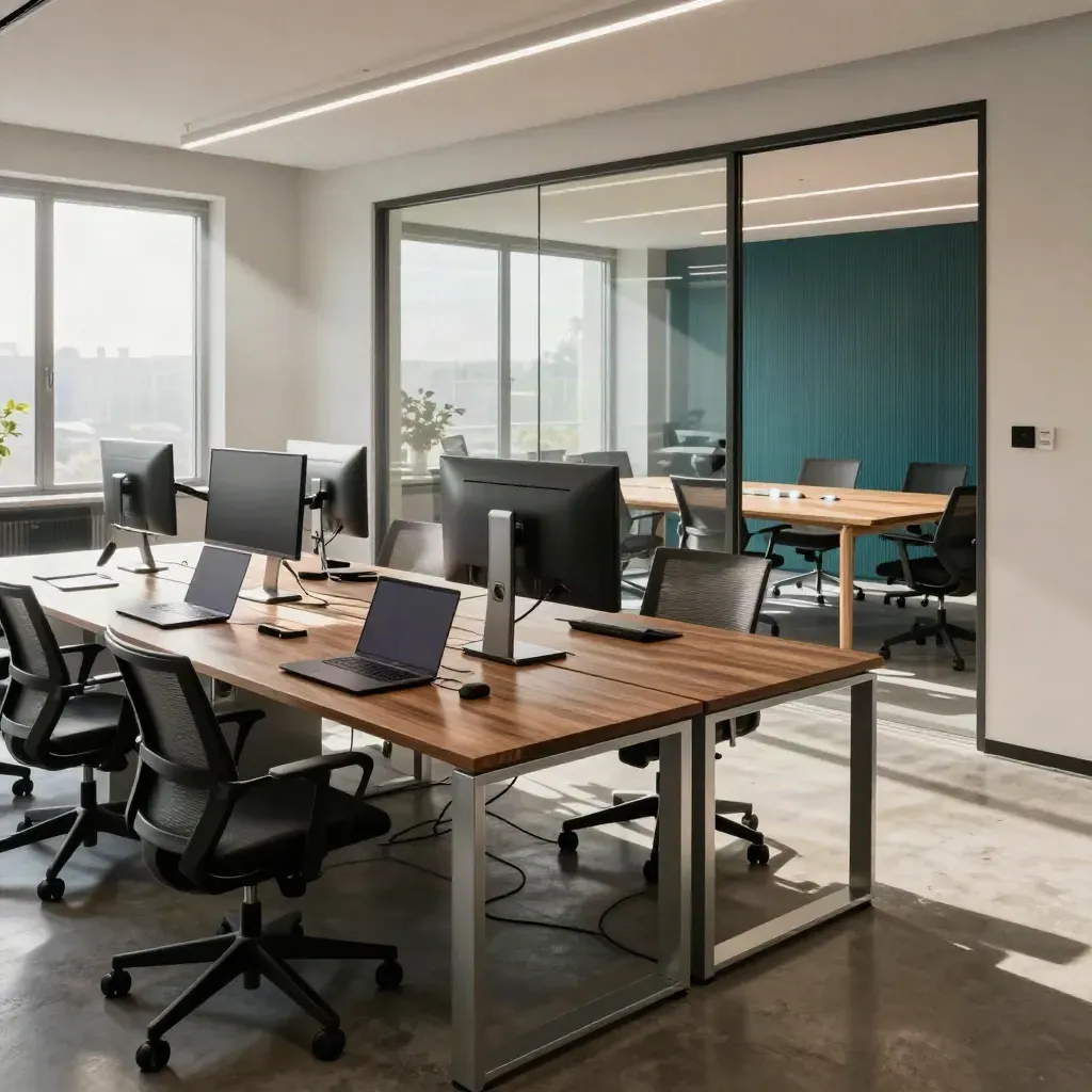 Expanded SaaS office floor with extra desks, dark laptops and more chairs in moody daylight.