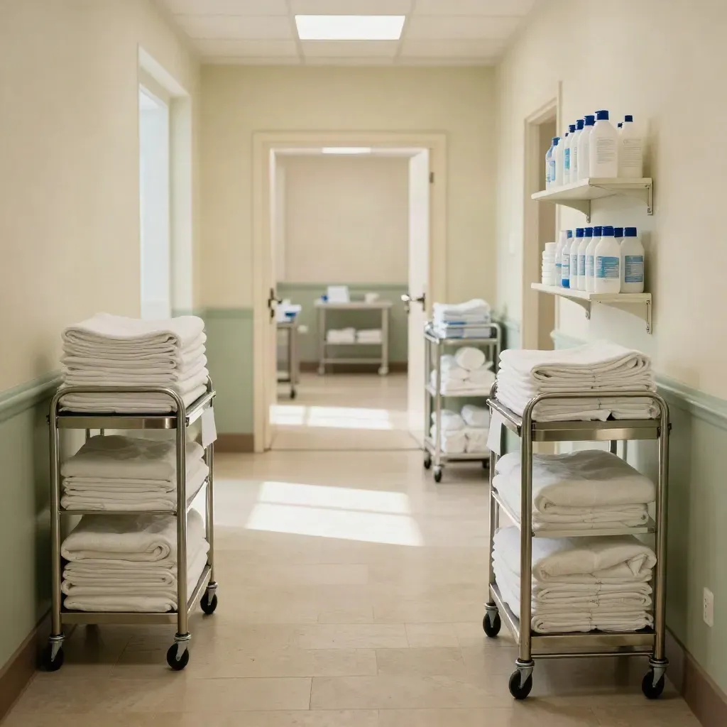 Stocked care corridor with linen carts and a bright doorway, calm and orderly