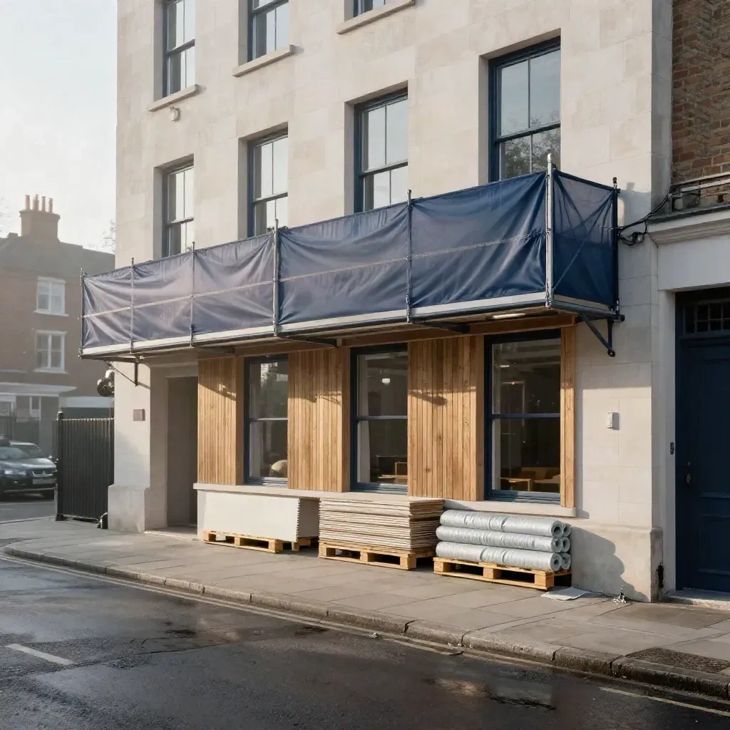 Site refurb frontage with fresh cladding, windows, scaffold wrap and stacked materials.