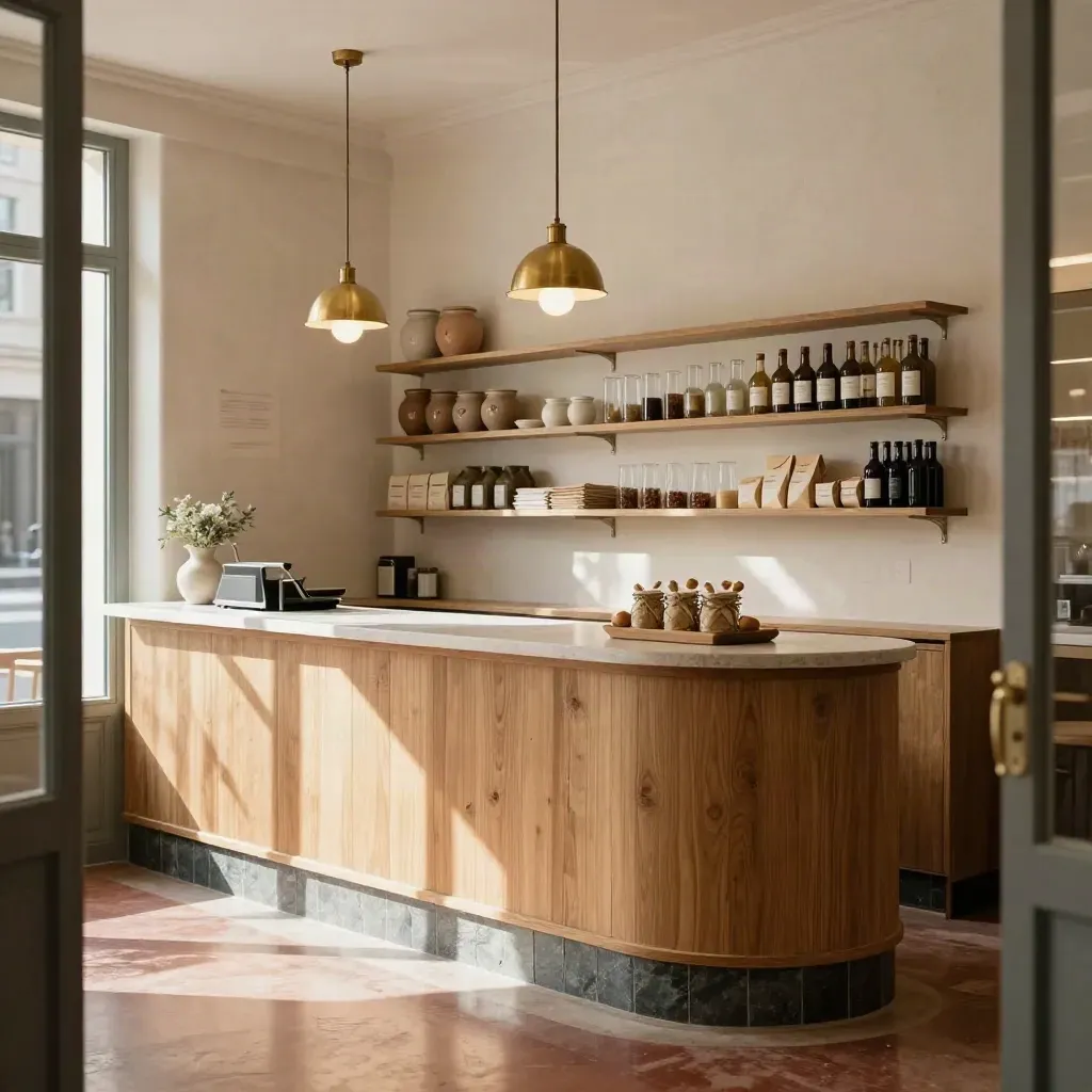 Freshly finished boutique interior with oak counter, pendant lights, stocked shelves and polished floor