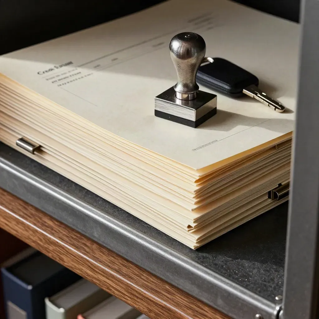 Credit archive tools in dramatic close-up: ledger block, stamp, key fob and locked folders.