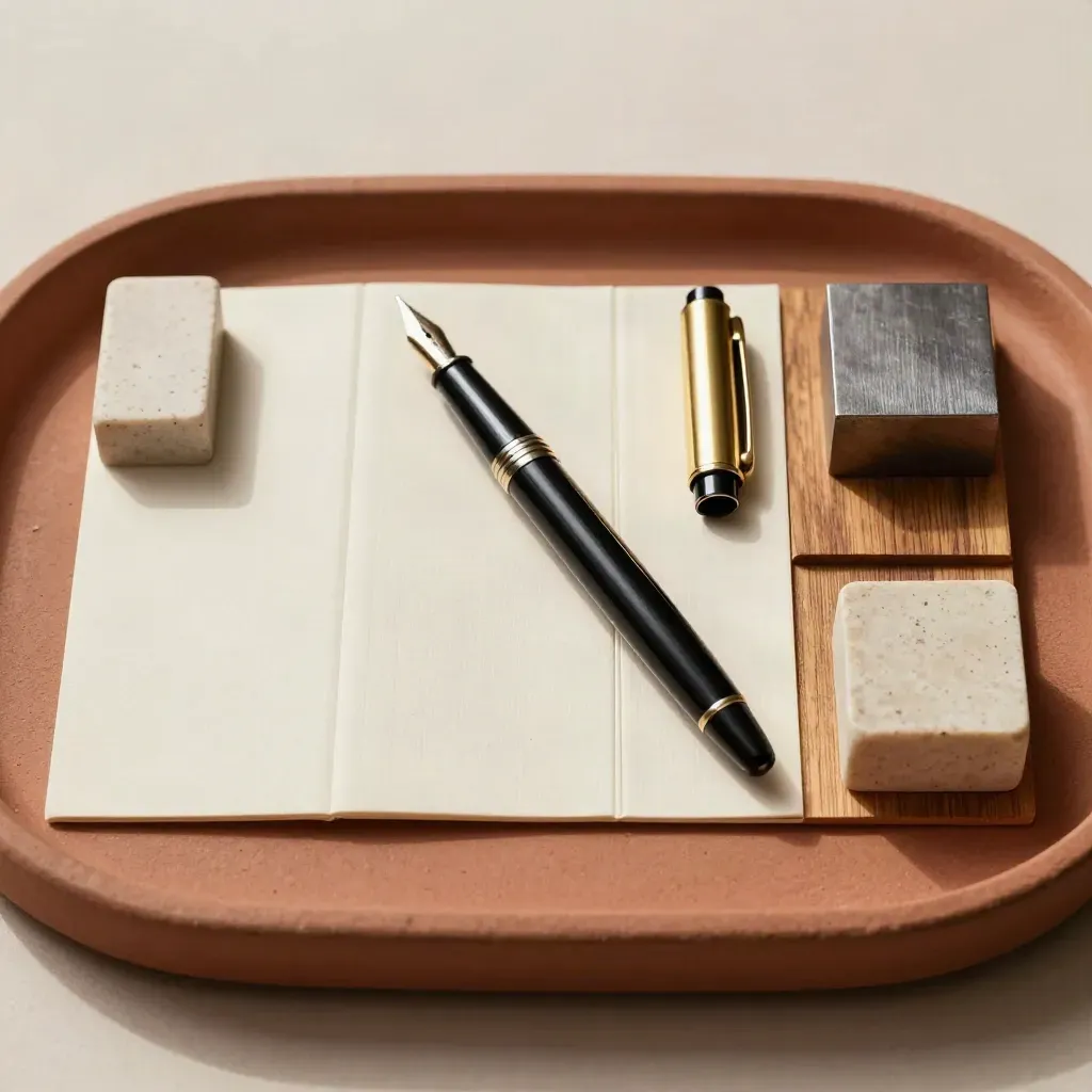 Top-down premium finance still life with embossed folder, pen, letter opener and sample blocks.