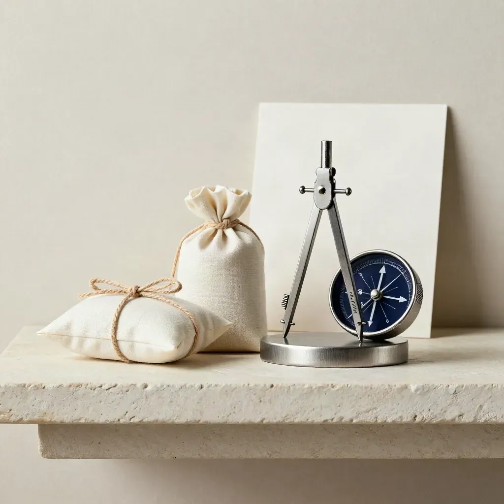 Balance scale, sample parcels and routing compass on a matte shelf